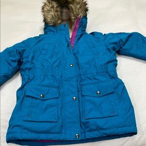 Blue Hooded Parka with Faux Fur Trim